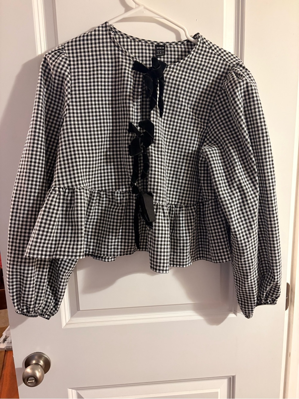 SHEIN Black and White Gingham Ruffle Peplum Blouse with Velvet Ties